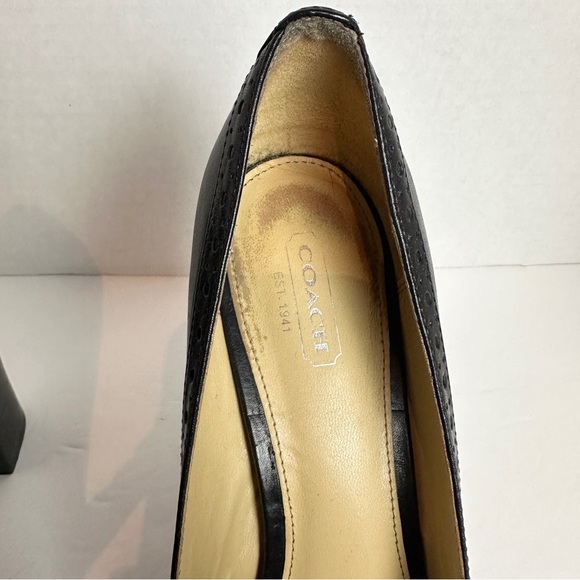 Coach Lynne Black Leather Platform Pumps Heels Size 9.5 Stacked Heel Fringe - Picture 6 of 16